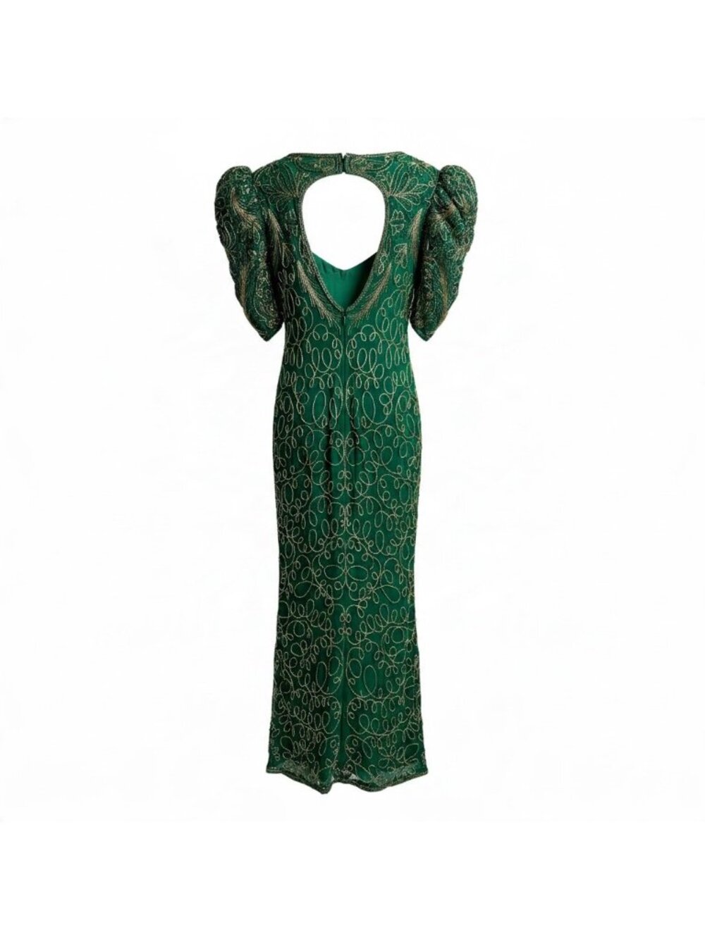 Vintage 80s Jewels Anne Creations Silk Beaded Evening Gown | Emerald | S - Picture 3 of 6
